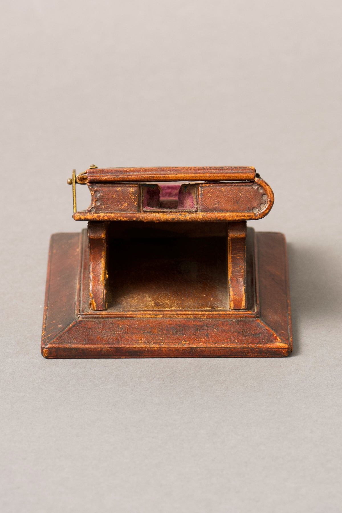 Leather Book-Form Watch Stand, Bee-Engraved Brass Clasp, c.1880