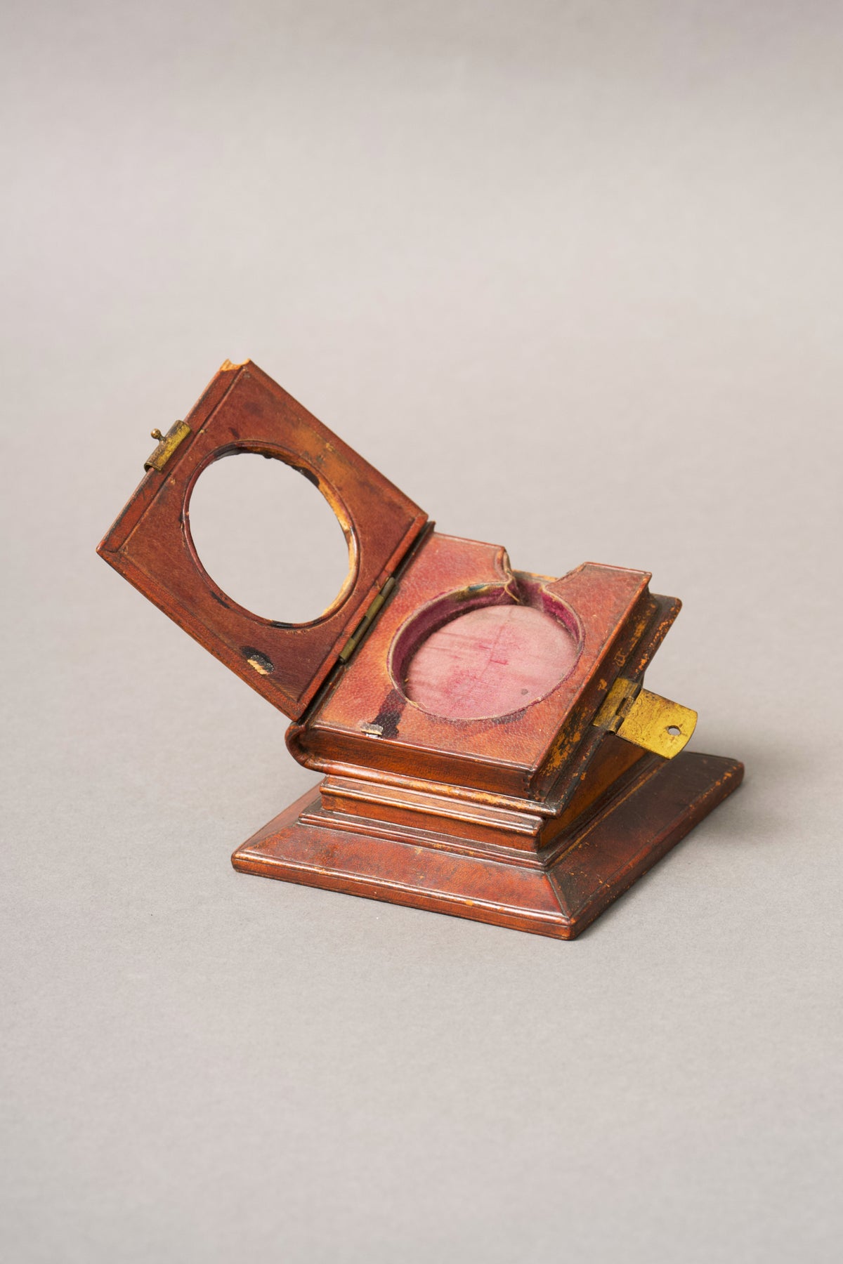 Leather Book-Form Watch Stand, Bee-Engraved Brass Clasp, c.1880